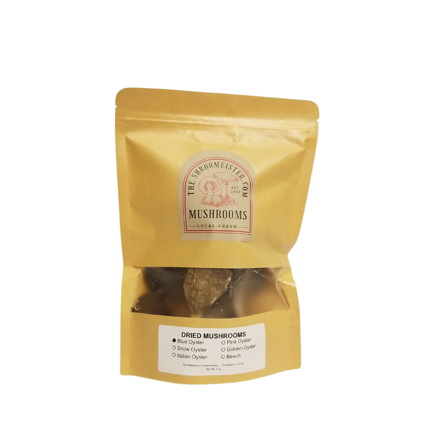 A resealable craft paper bag containing dried blue oyster mushrooms, with a label displaying the brand and product name.