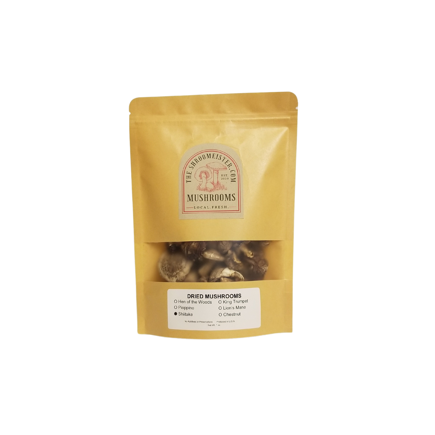 Packaged dried shiitake mushrooms branded as The Shroomeister, in a yellow resealable craft paper bag with a clear window showing the mushrooms inside.