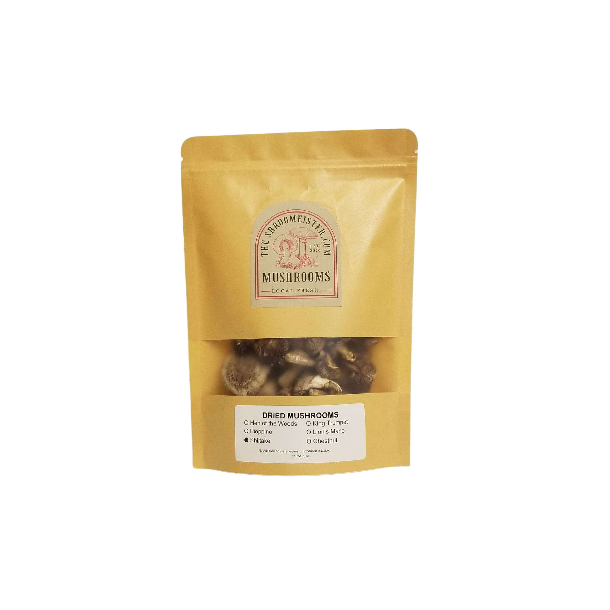 Packaged dried shiitake mushrooms branded as The Shroomeister, in a yellow resealable craft paper bag with a clear window showing the mushrooms inside.