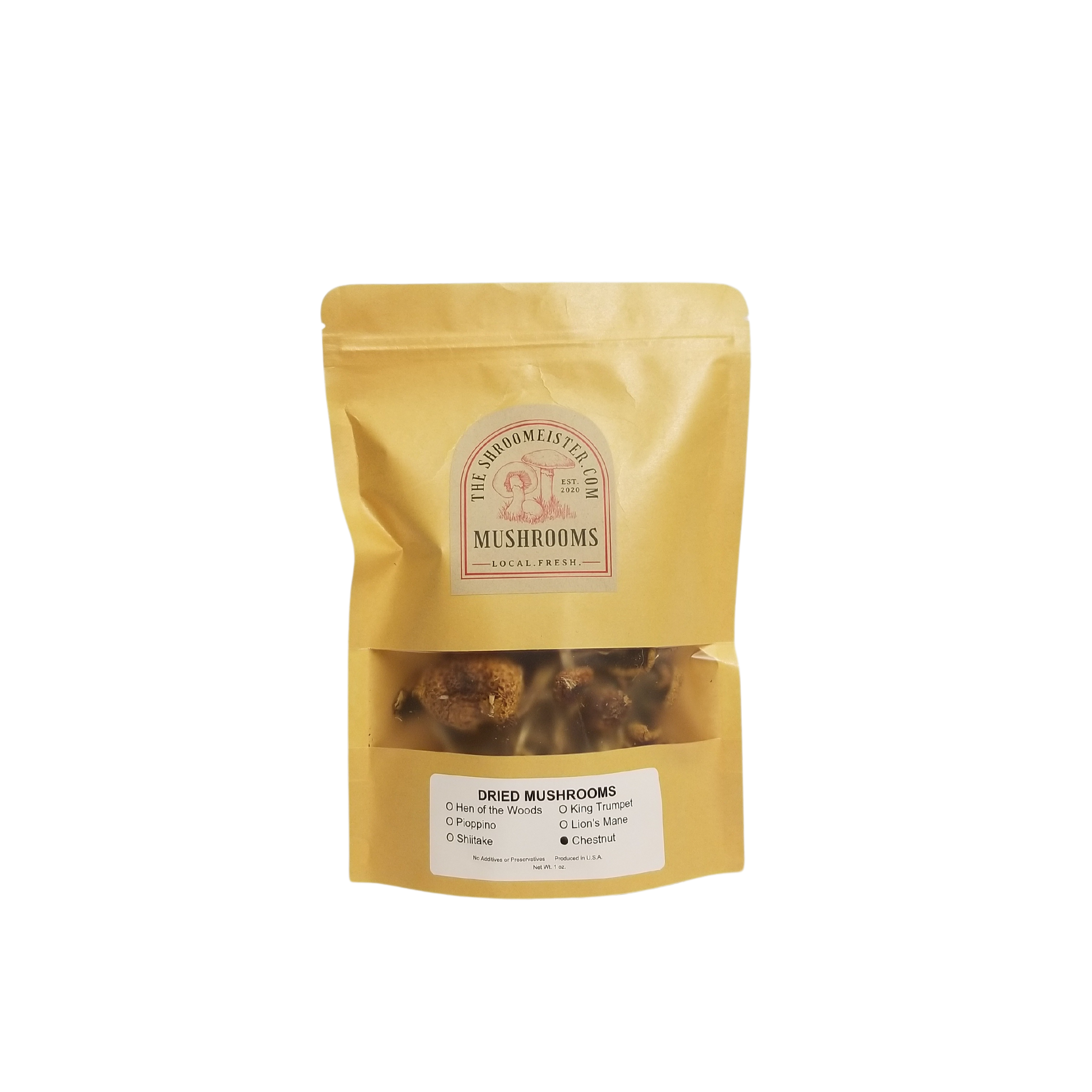 A pack of dried chestnut mushrooms in a gold-colored pouch with a clear window showing the product inside.