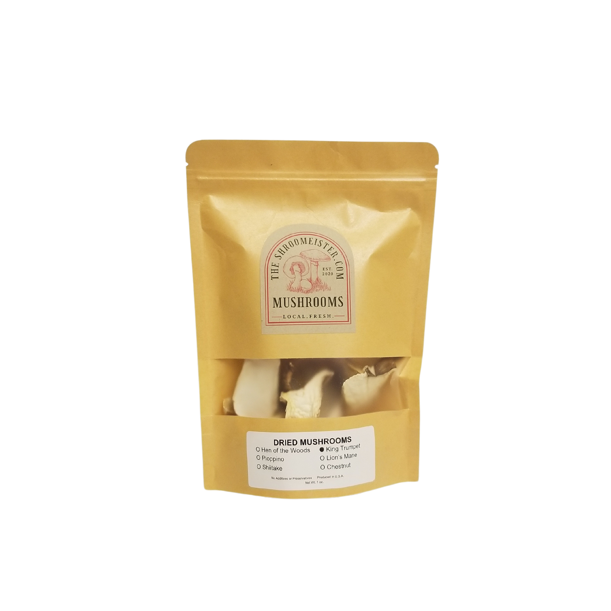 Packaged dried King Trumpet mushrooms in a gold-colored resealable bag with a transparent window showing the product.