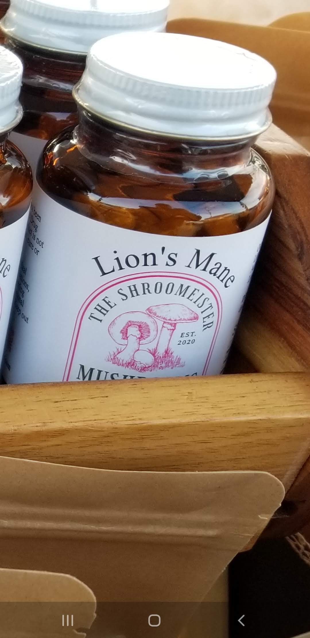 A glass bottle on a rack containing capsules labeled Lion's Mane Mushrooms, with a beige and brown color scheme and text indicating mood, memory, and focus support.