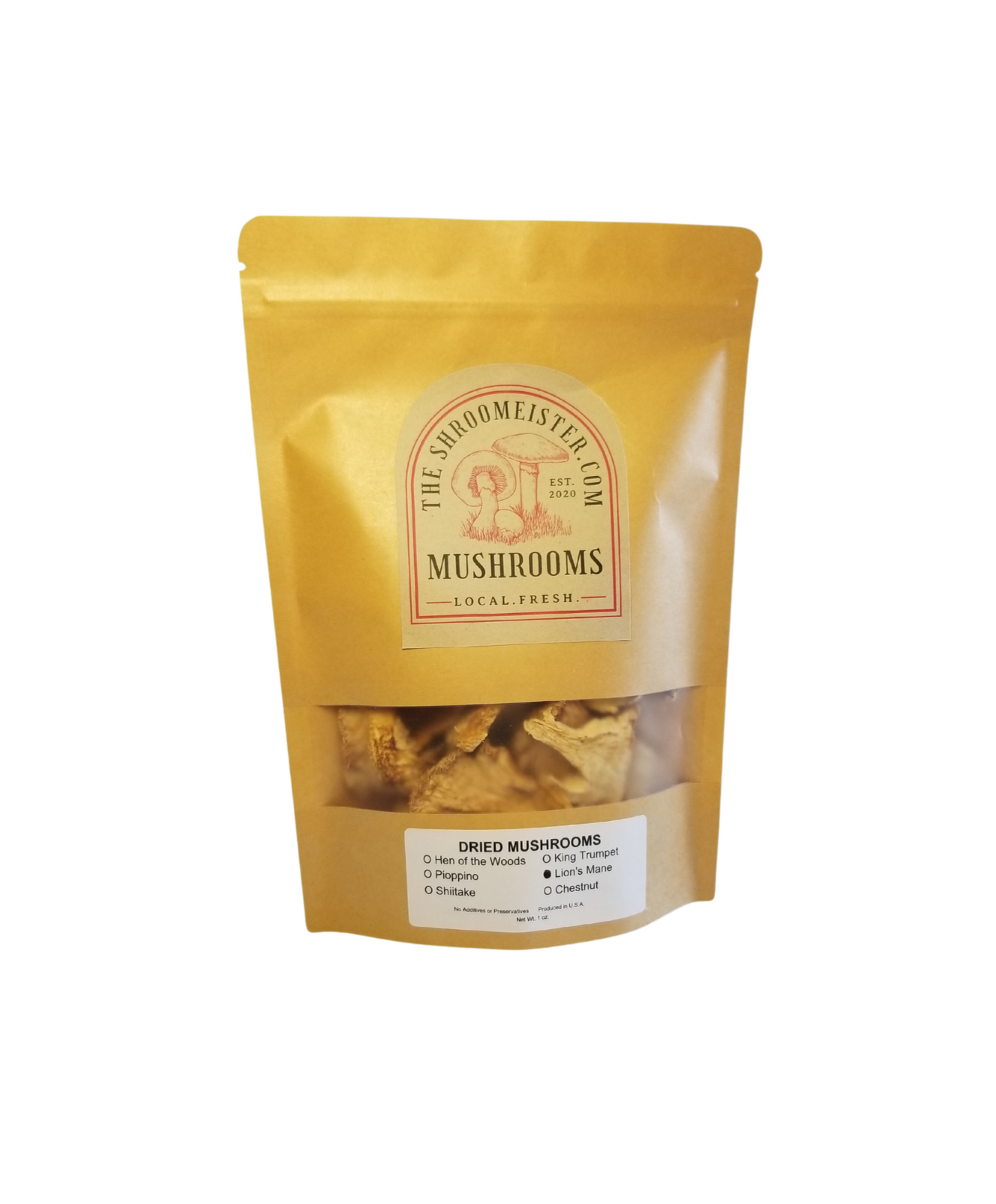 A pack of dried Lion's Mane Mushrooms displayed against a plain background.