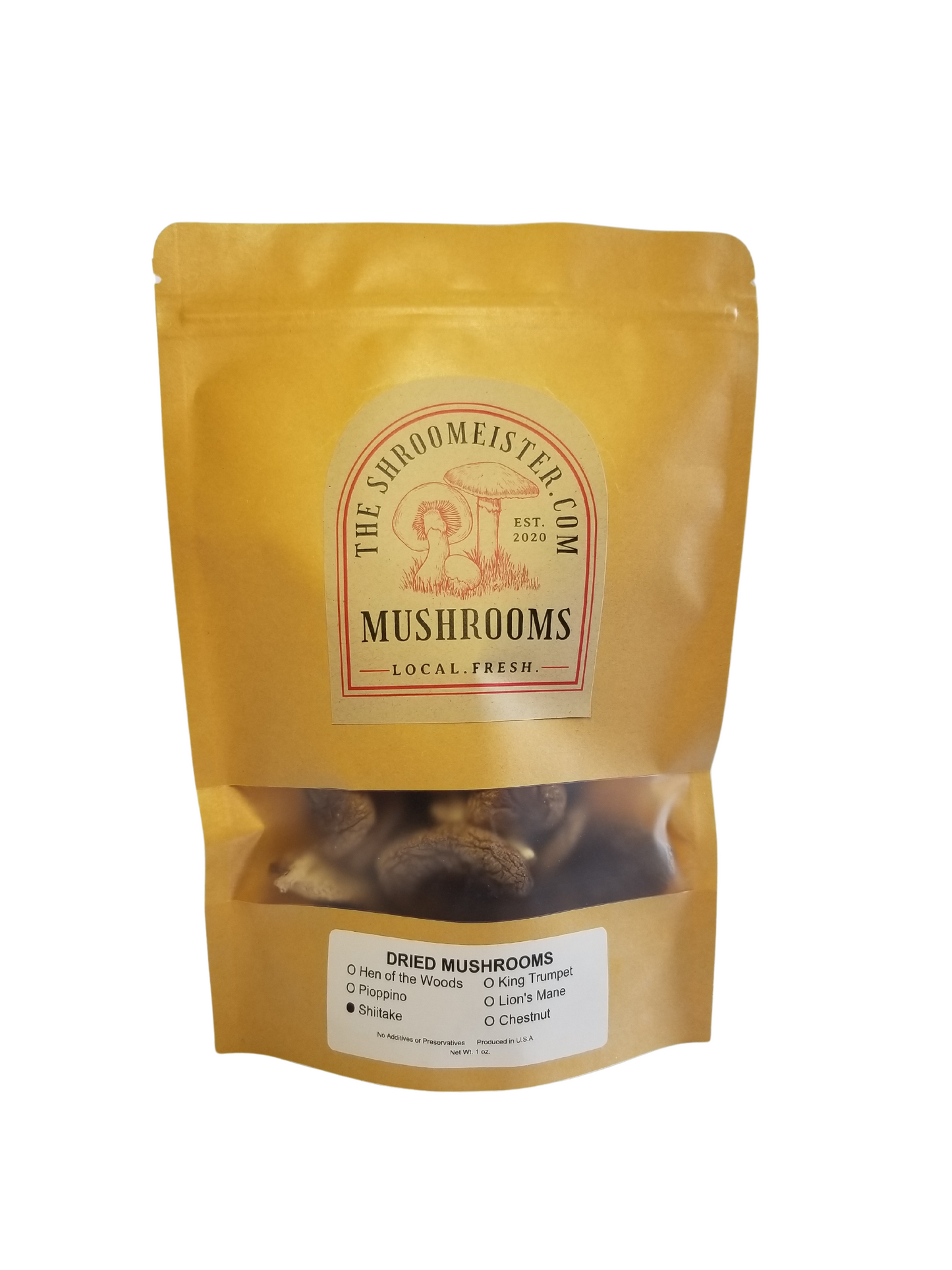 A pack of dried Italian oyster mushrooms in a gold-colored pouch with a clear window showing the product inside.