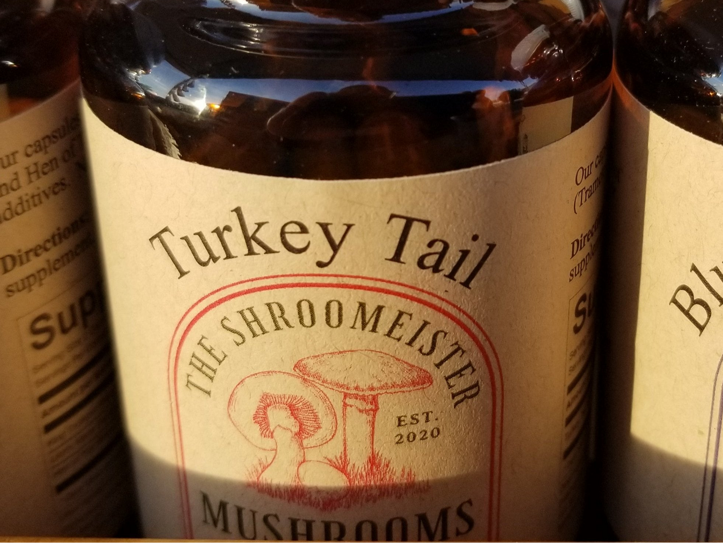 Bottles of 'Turkey Tail' mushrooms with a label featuring 'The Shroomeister' branding.