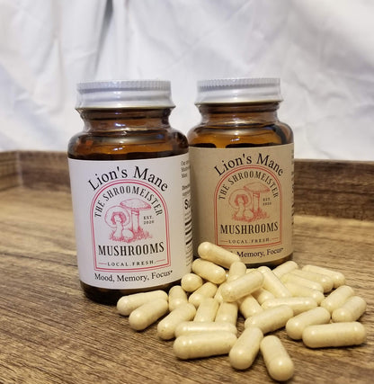 Two glass bottles containing capsules labeled Lion's Mane Mushrooms, with a beige and brown color scheme and text indicating mood, memory, and focus support and Lion's Mane capsules next to the bottles.