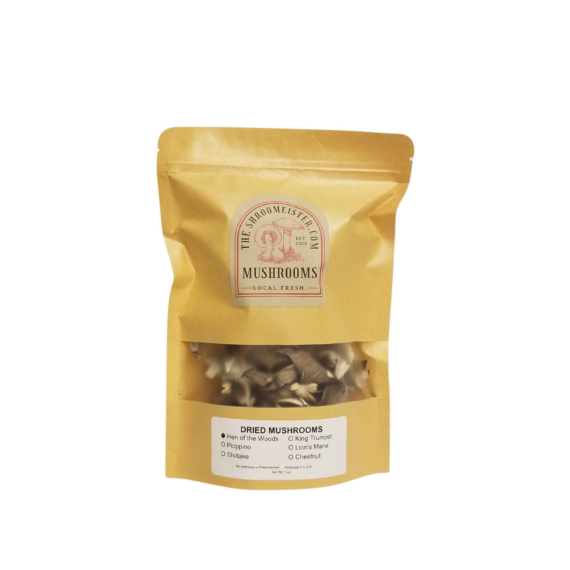 A package of dried Hen of The Woods mushrooms in a gold-colored resealable bag with a clear window showing the product inside.