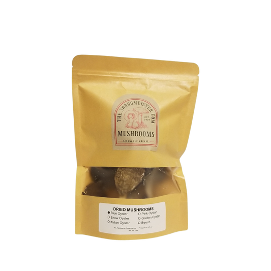 A resealable craft paper bag containing dried blue oyster mushrooms, with a label displaying the brand and product name.