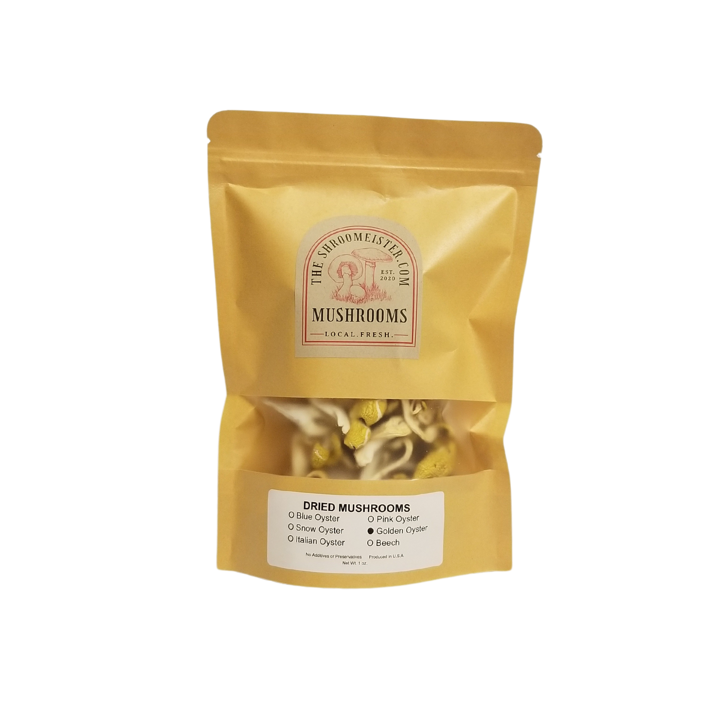 A package of dried Golden Oyster Mushrooms in a resealable craft paper bags.