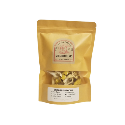 A package of dried Golden Oyster Mushrooms in a resealable craft paper bags.