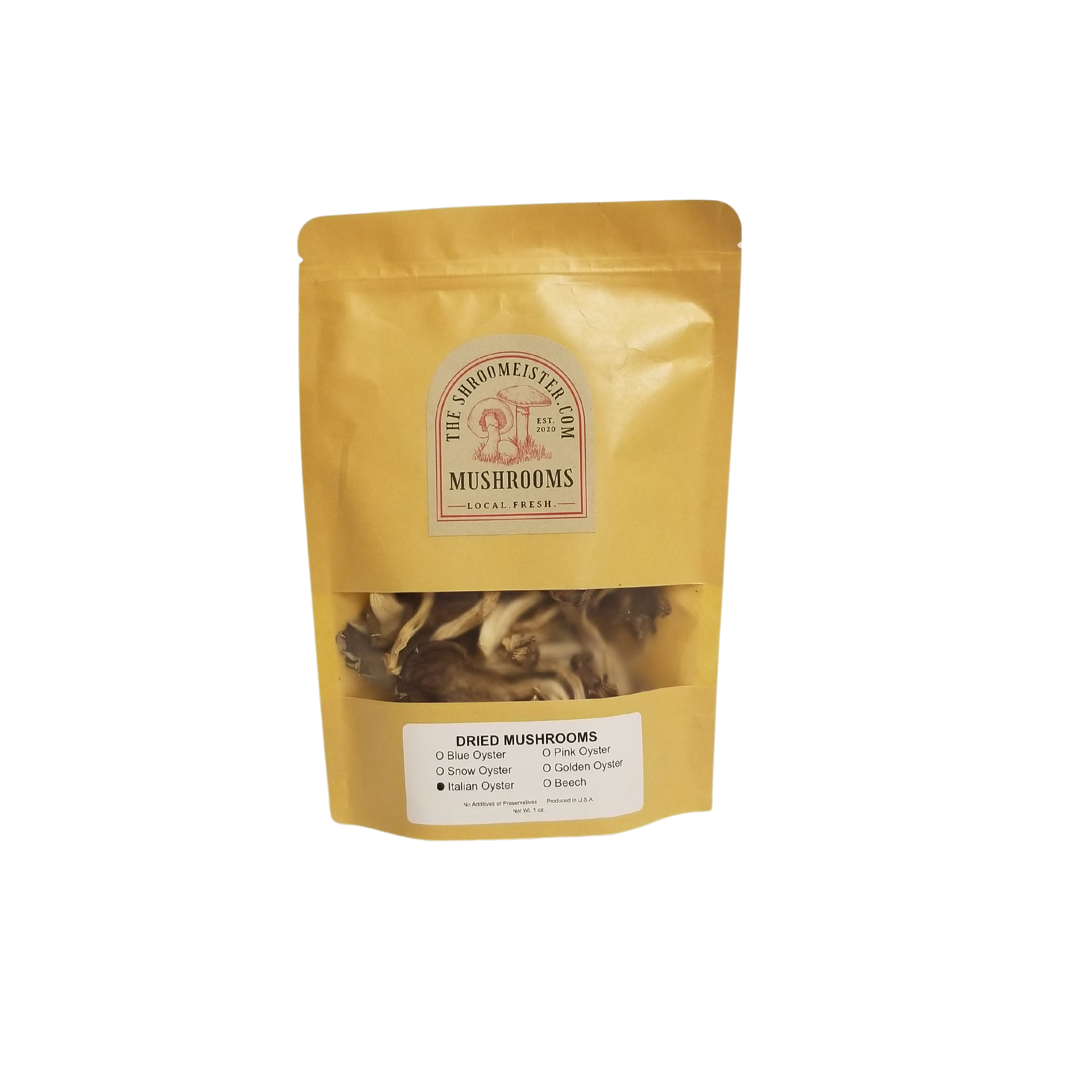 A pack of dried Italian oyster mushrooms in a gold-colored pouch with a clear window showing the product inside.