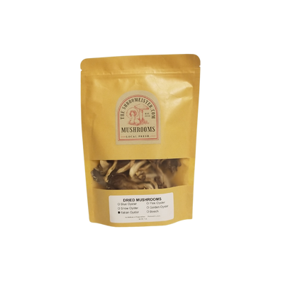 A pack of dried Italian oyster mushrooms in a gold-colored pouch with a clear window showing the product inside.