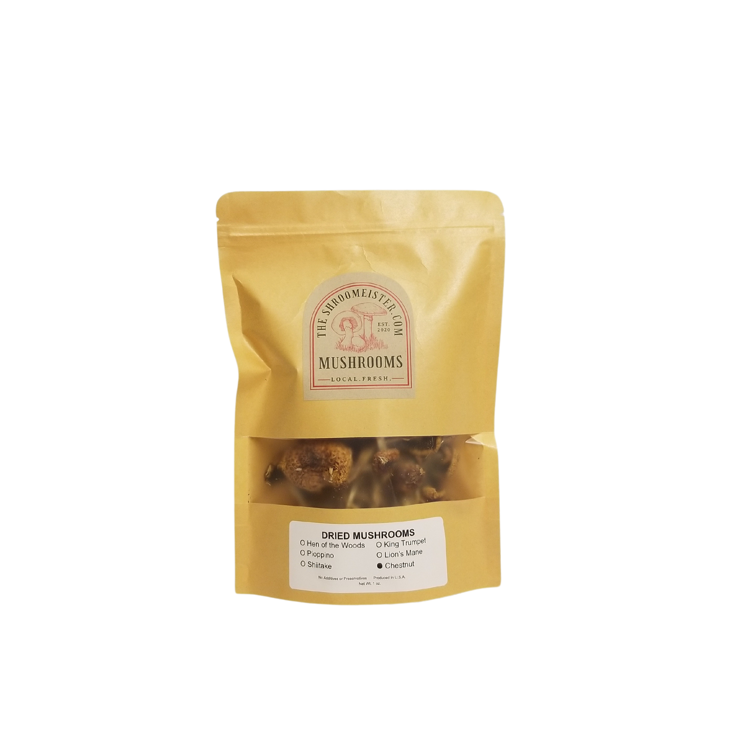 A pack of dried chestnut mushrooms in a gold-colored pouch with a clear window showing the product inside.