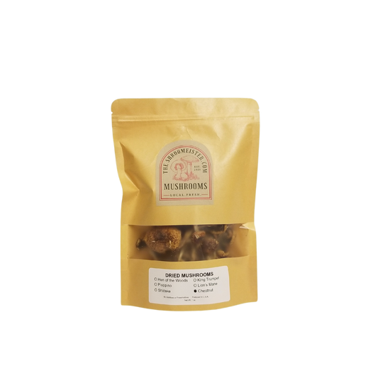 A pack of dried chestnut mushrooms in a gold-colored pouch with a clear window showing the product inside.