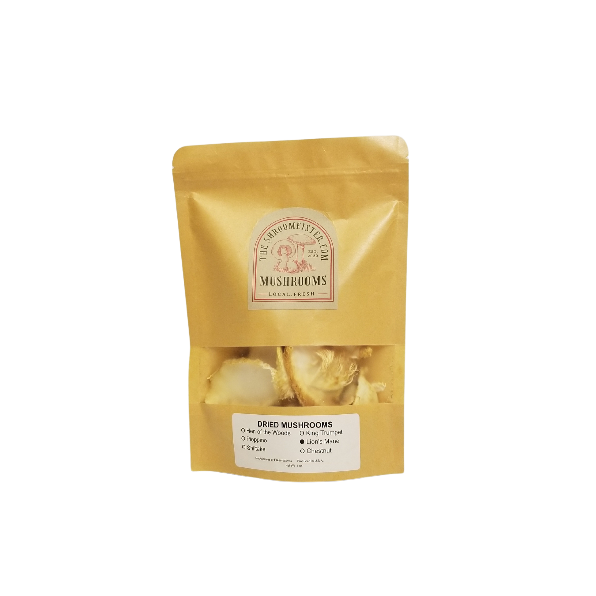 A pack of dried Lion's Mane Mushrooms displayed against a plain background.