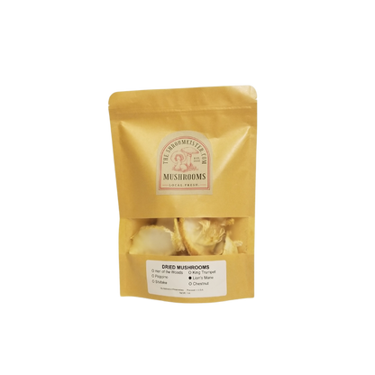 A pack of dried Lion's Mane Mushrooms displayed against a plain background.