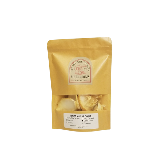 A pack of dried Lion's Mane Mushrooms displayed against a plain background.