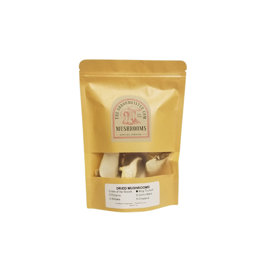 Packaged dried King Trumpet mushrooms in a gold-colored resealable bag with a transparent window showing the product.
