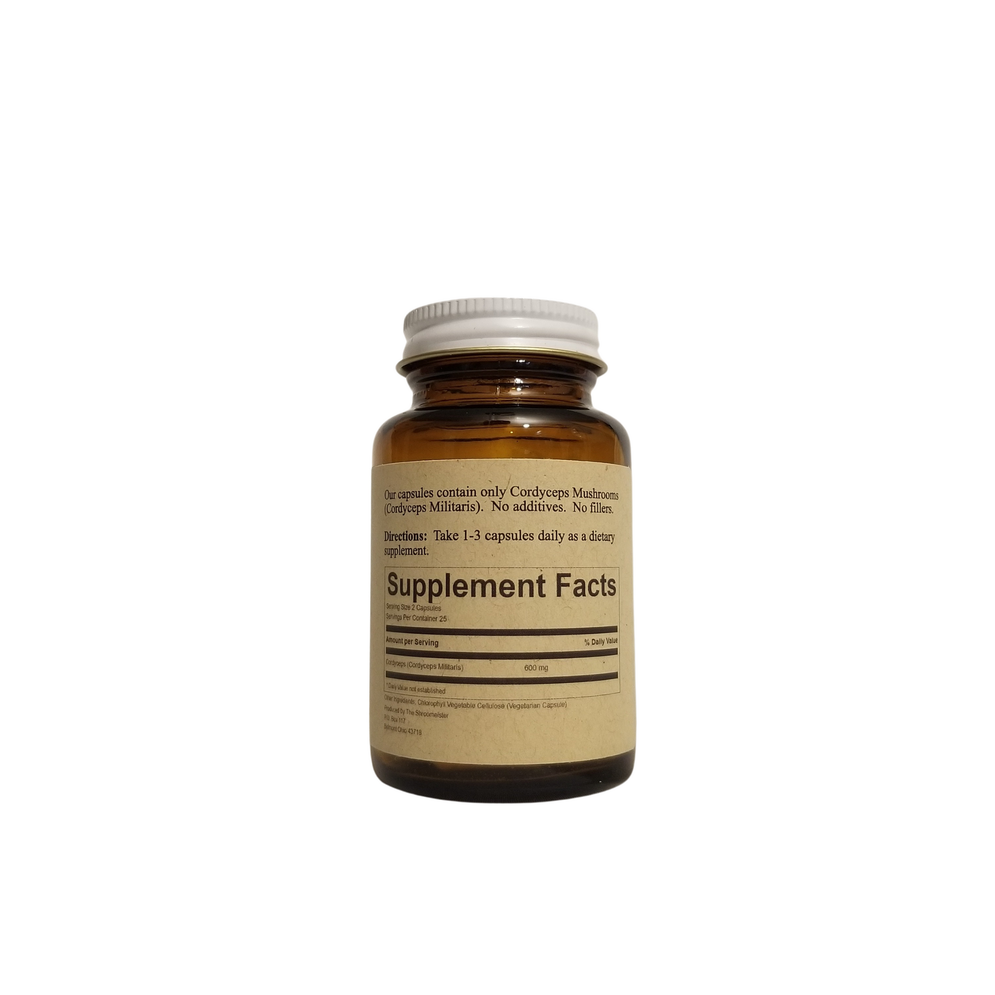 A glass bottle containing capsules labeled Cordyceps Mushroom Supplements with a red and beige color scheme and text showing Supplement Facts.