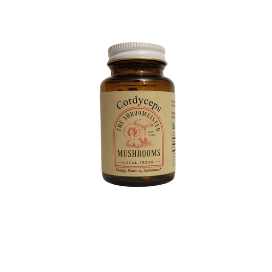 A glass bottle containing capsules labeled Cordyceps Mushroom Supplements with a red and beige color scheme.