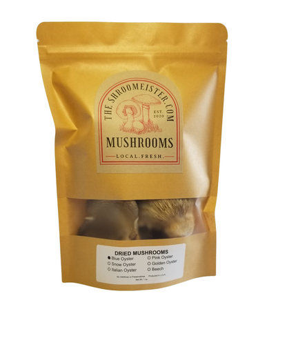 A resealable craft paper bag containing dried blue oyster mushrooms, with a label displaying the brand and product name.