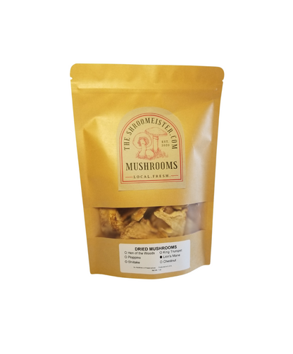 A pack of dried Lion's Mane Mushrooms displayed against a plain background.