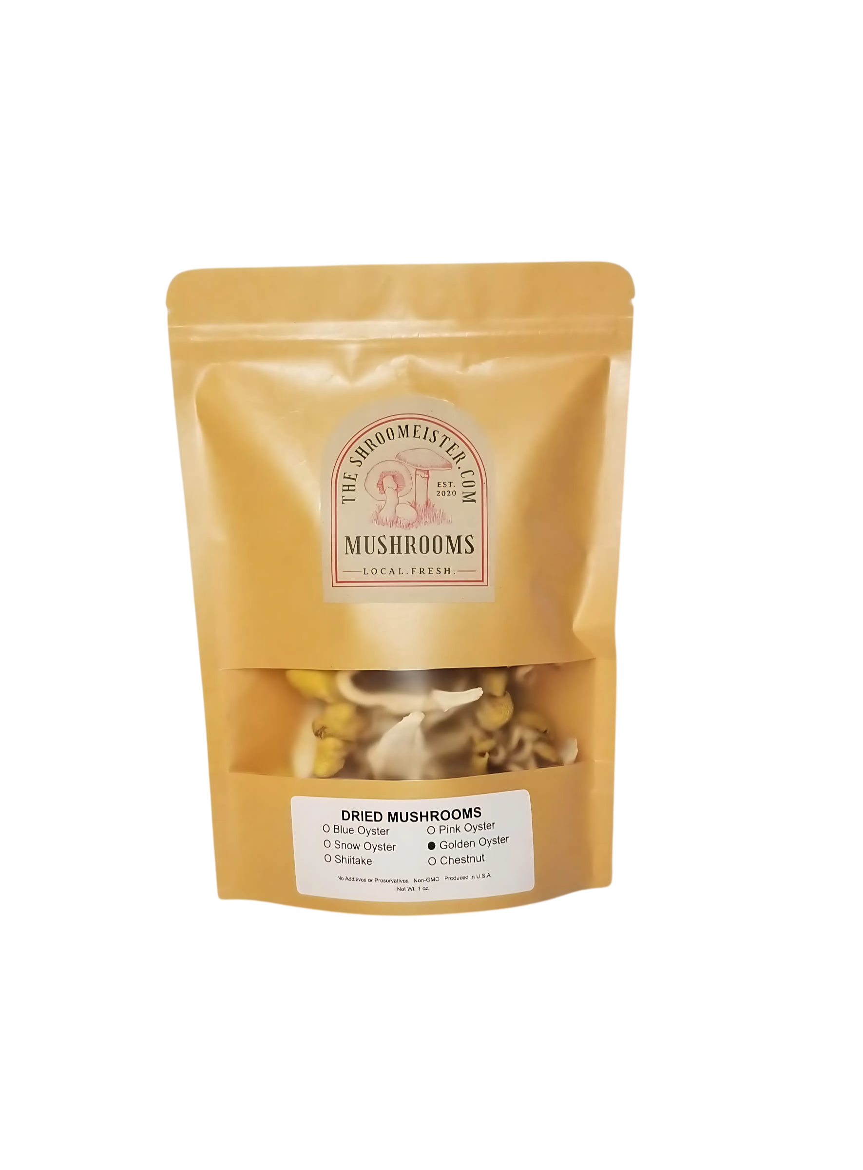 A package of dried Golden Oyster Mushrooms in a resealable craft paper bags.