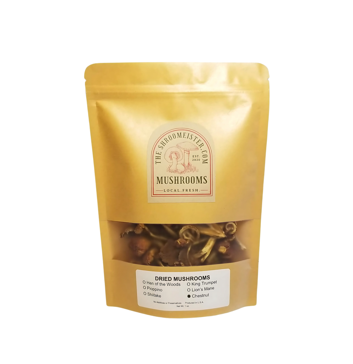 A package of dried Chestnut mushrooms in a brown resealable craft bag.