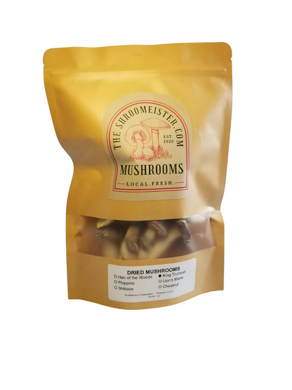 Packaged dried King Trumpet mushrooms in a gold-colored resealable bag with a transparent window showing the product.