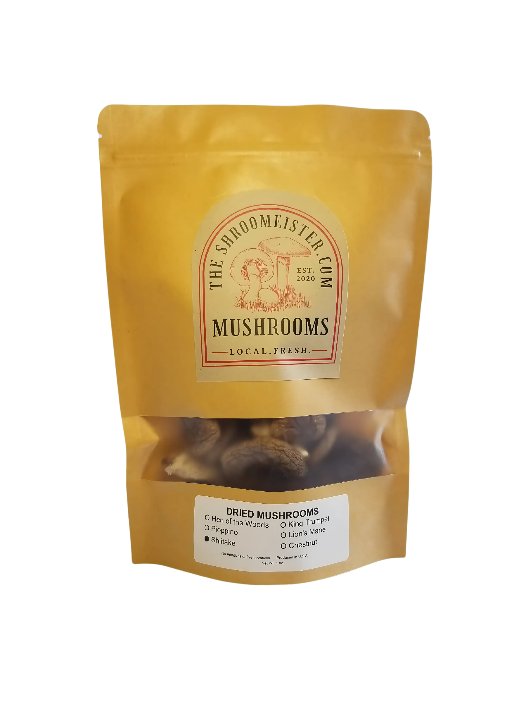 Packaged dried shiitake mushrooms branded as The Shroomeister, in a yellow resealable craft paper bag with a clear window showing the mushrooms inside with a white background.